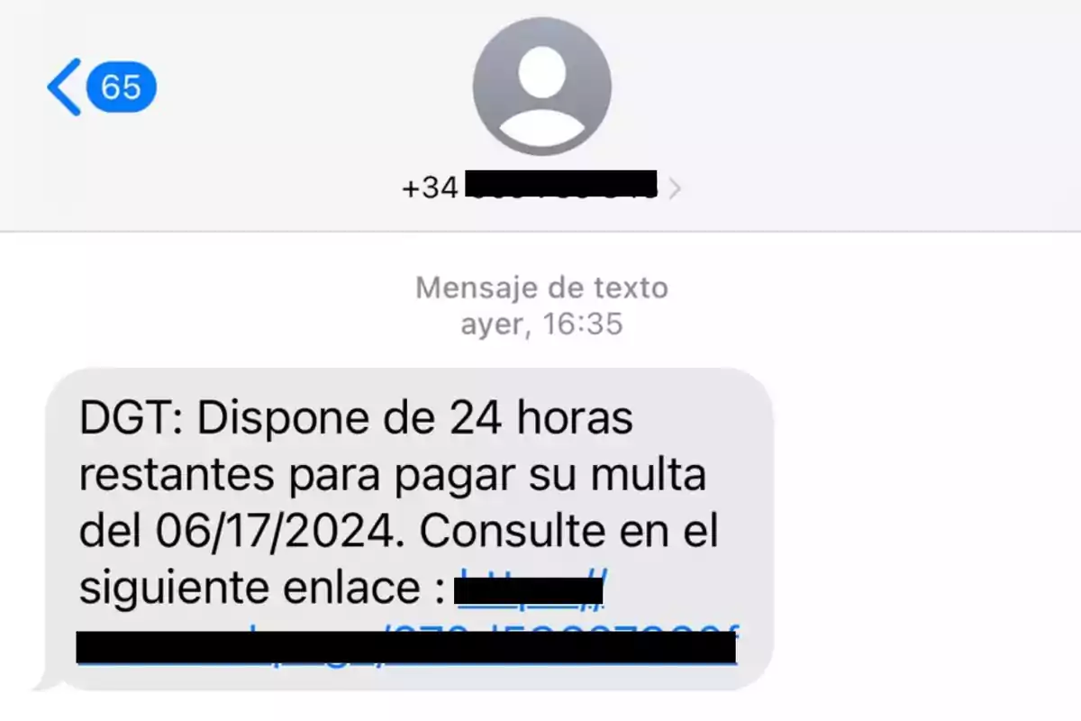 Mensaje de texto de la DGT que indica que quedan 24 horas para pagar una multa del 17 de junio de 2024, con un enlace proporcionado.