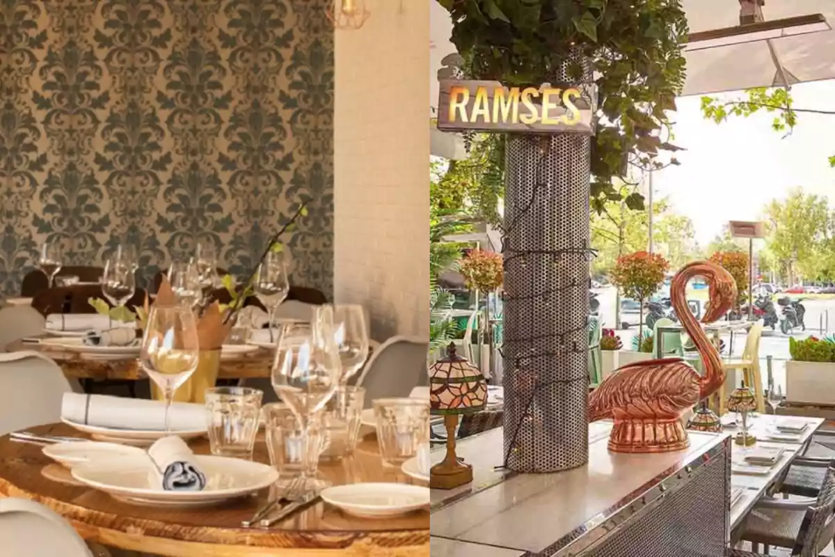 Una imagen dividida en dos partes: a la izquierda, un elegante comedor con mesas de madera, copas de vino y platos dispuestos, con un fondo de papel tapiz decorativo; a la derecha, una terraza al aire libre con un letrero que dice 