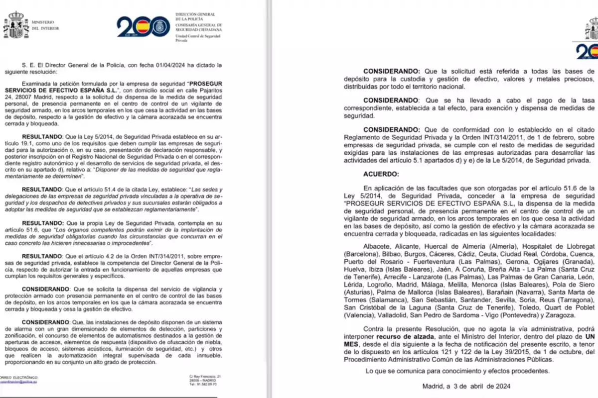 Resolución del Director General de la Policía, con fecha 01/04/2024, sobre la petición de la empresa de seguridad 
