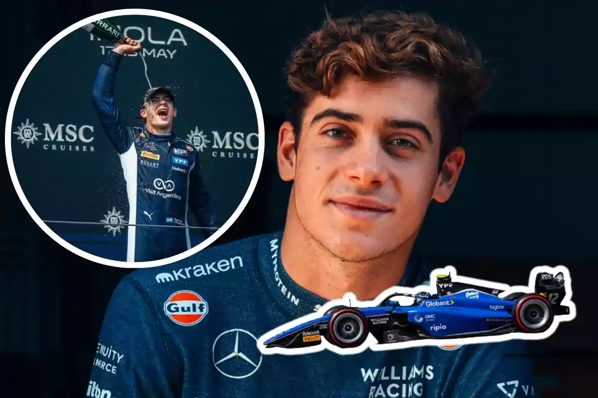 Un joven piloto de carreras con uniforme de Williams Racing, con una imagen insertada de él celebrando en el podio y un auto de carreras azul en la parte inferior.