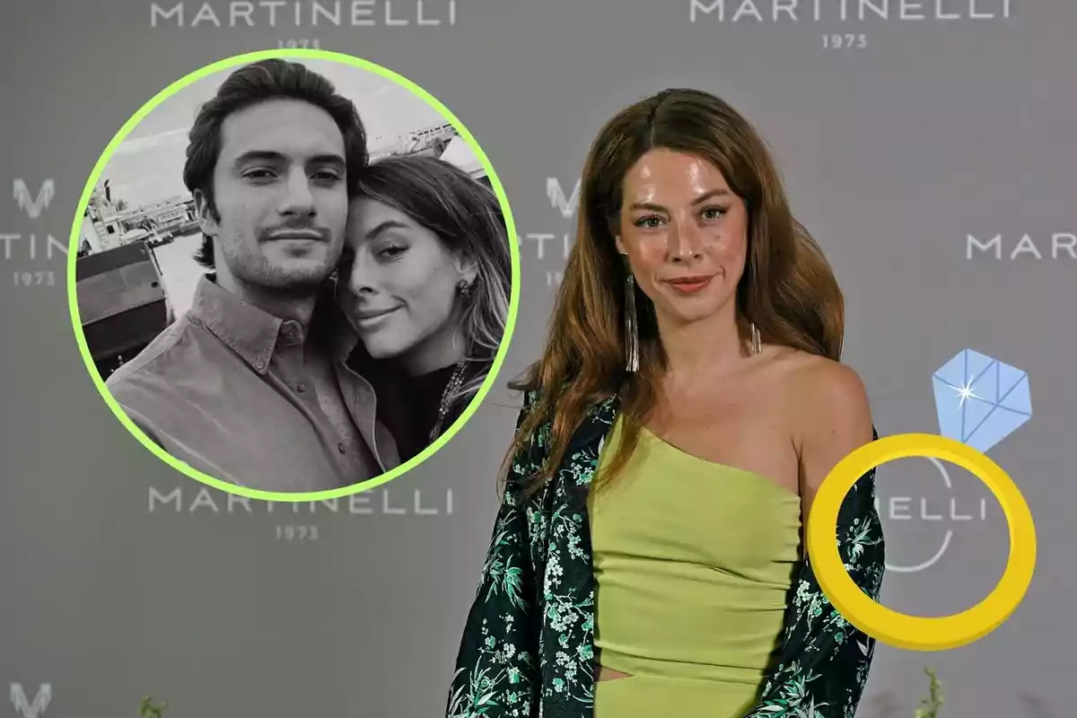 Una mujer con un vestido verde posa frente a un fondo con el logo de "Martinelli 1973", mientras que en la esquina superior izquierda hay una imagen circular en blanco y negro de una pareja abrazada.