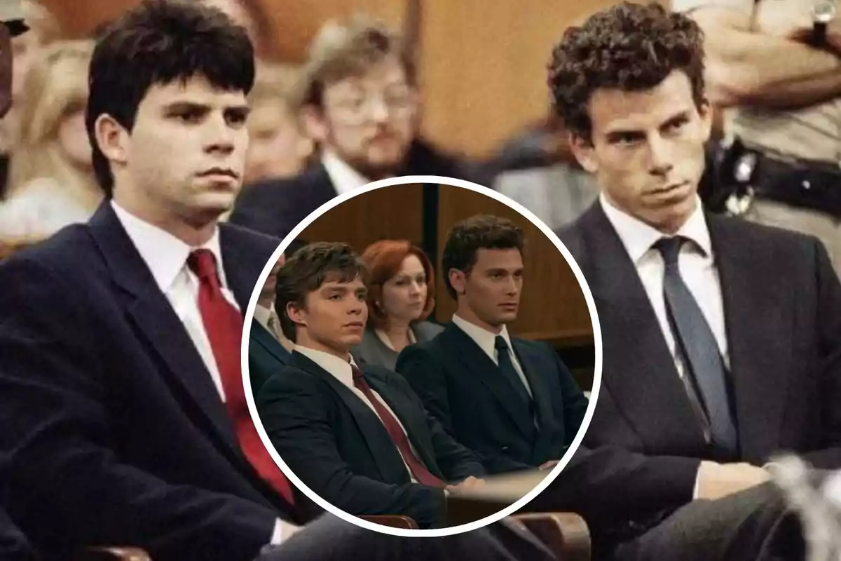 Dos hombres en un tribunal con una imagen superpuesta de dos actores interpretándolos.