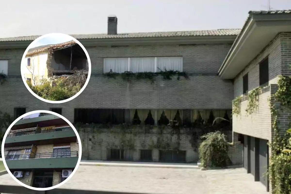 Edificio de ladrillo con ventanas cubiertas por cortinas y enredaderas, con dos imágenes circulares superpuestas mostrando daños en otras estructuras.