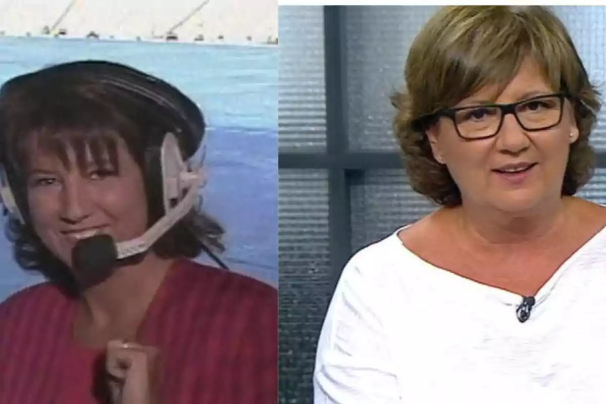 Dos imágenes de una mujer, una con auriculares y micrófono y otra con gafas y una blusa blanca.