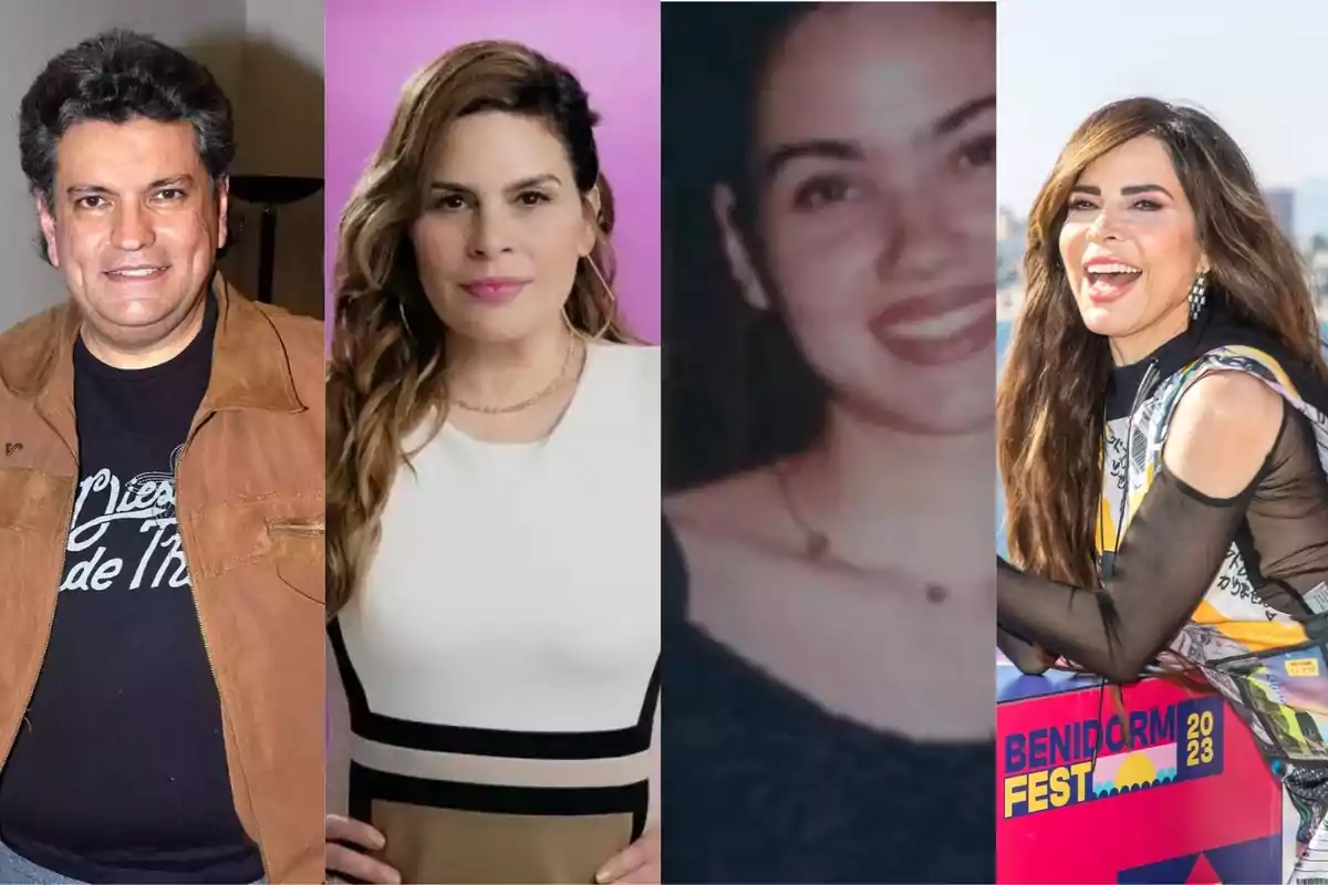 Cuatro personas posando para la cámara, dos hombres y dos mujeres, con diferentes fondos y vestimentas.