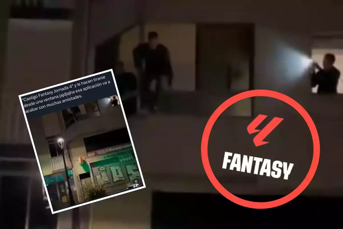 Imagen de una persona en un balcón con otra persona apuntando con una linterna desde una ventana, junto a un recuadro con un mensaje que dice: "Castigo Fantasy Jornada 4" y le hacen tirarse desde una ventana jajdijaha esa aplicación va a acabar con muchas amistades, y un logo de Fantasy en la esquina inferior derecha.