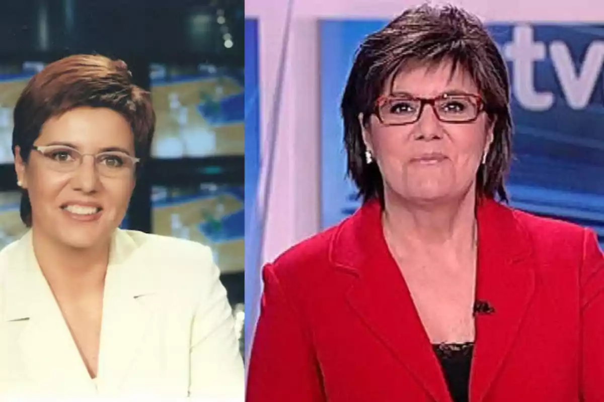 Dos imágenes de una mujer con gafas, una con chaqueta blanca y otra con chaqueta roja, ambas en un entorno de estudio de televisión.
