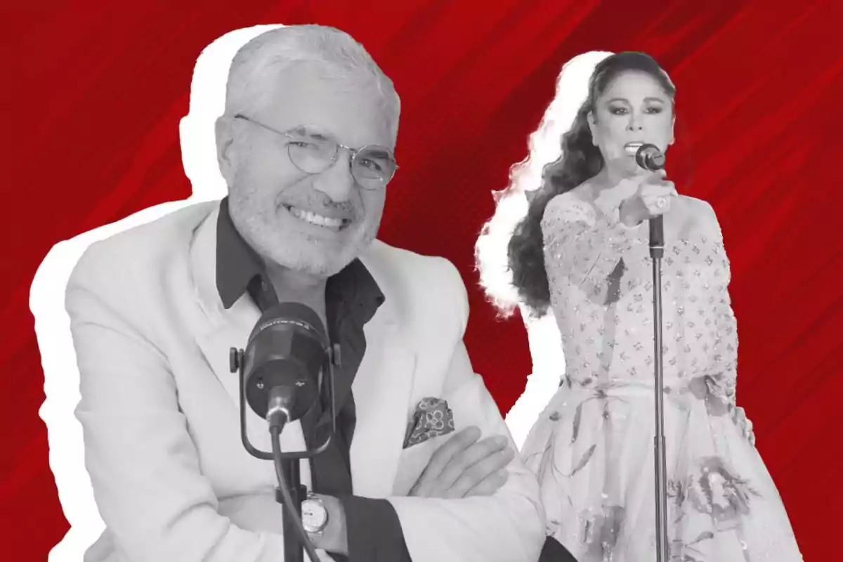 Un hombre sonriente con gafas y chaqueta clara frente a un micrófono y una mujer cantando con un vestido elegante sobre un fondo rojo.