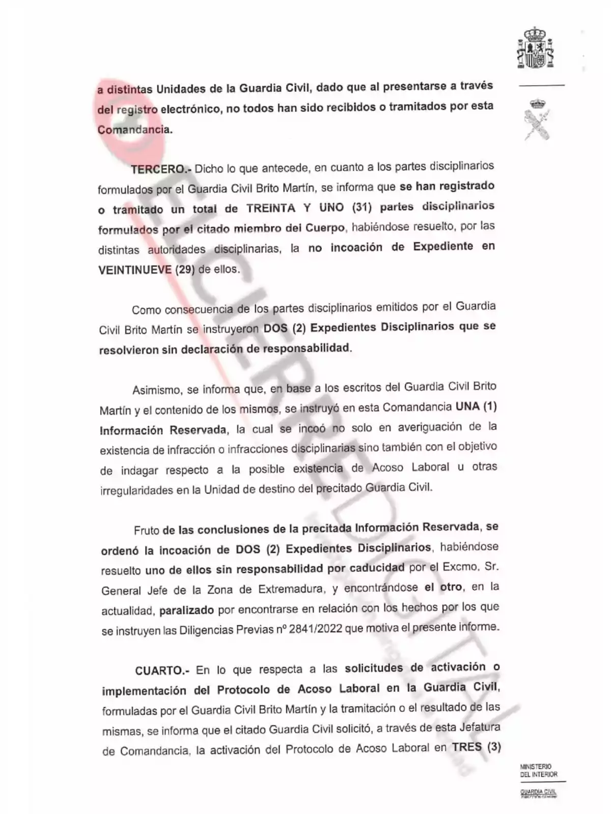 Documento oficial de la Guardia Civil que detalla procedimientos disciplinarios y menciona la activación del Protocolo de Acoso Laboral.