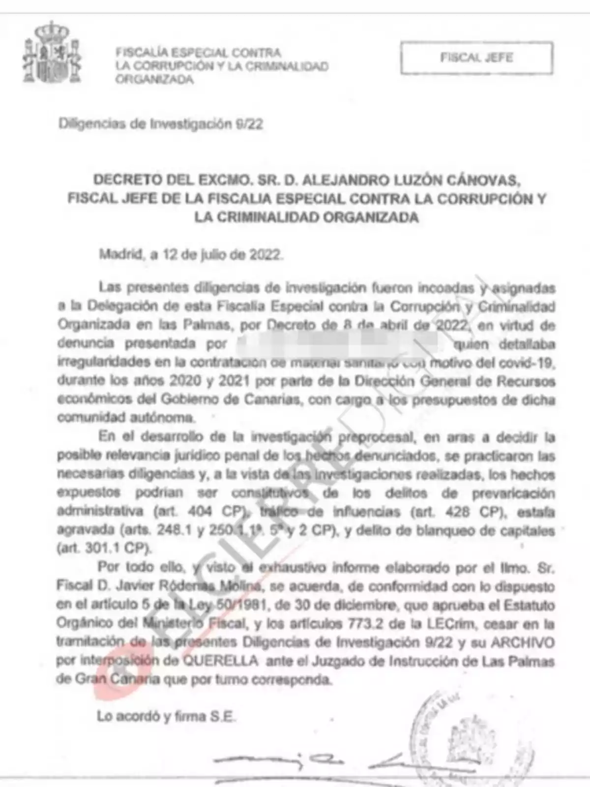 La imagen muestra un documento oficial de la Fiscalía Especial contra la Corrupción y la Criminalidad Organizada, titulado 