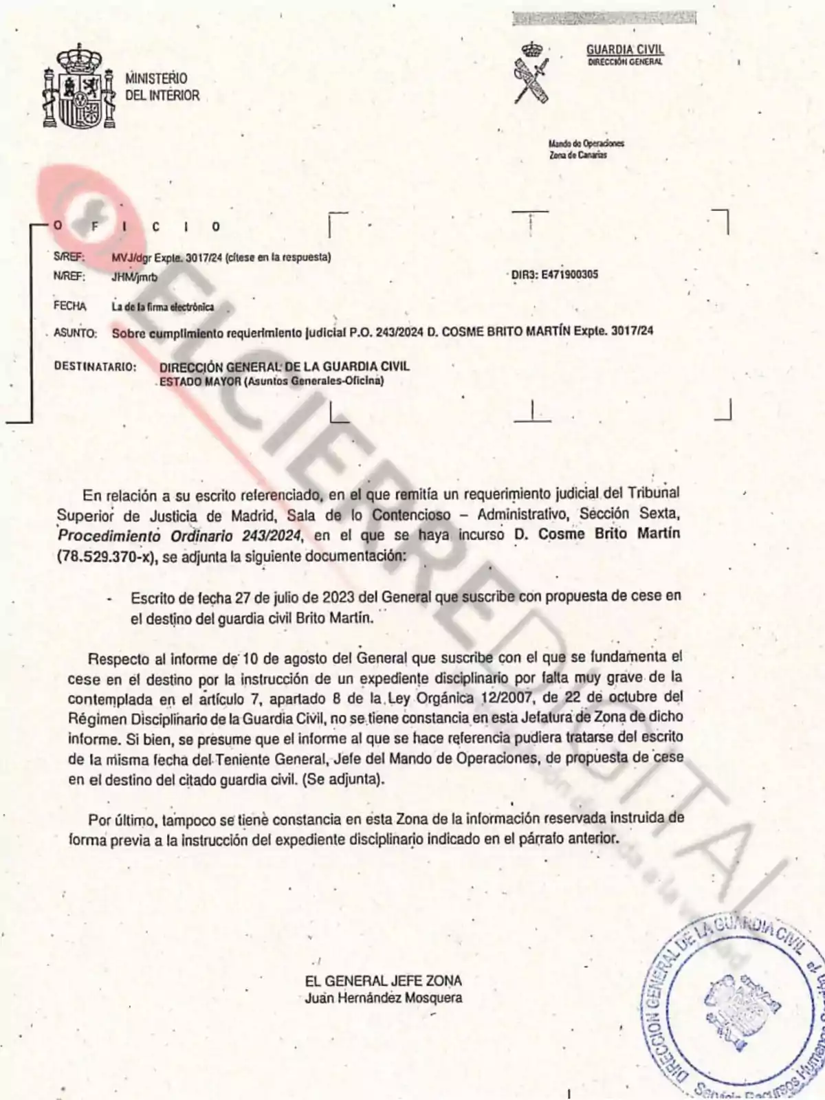 Documento oficial del Ministerio del Interior de España dirigido a la Dirección General de la Guardia Civil sobre el cumplimiento de un requerimiento judicial relacionado con un expediente disciplinario.