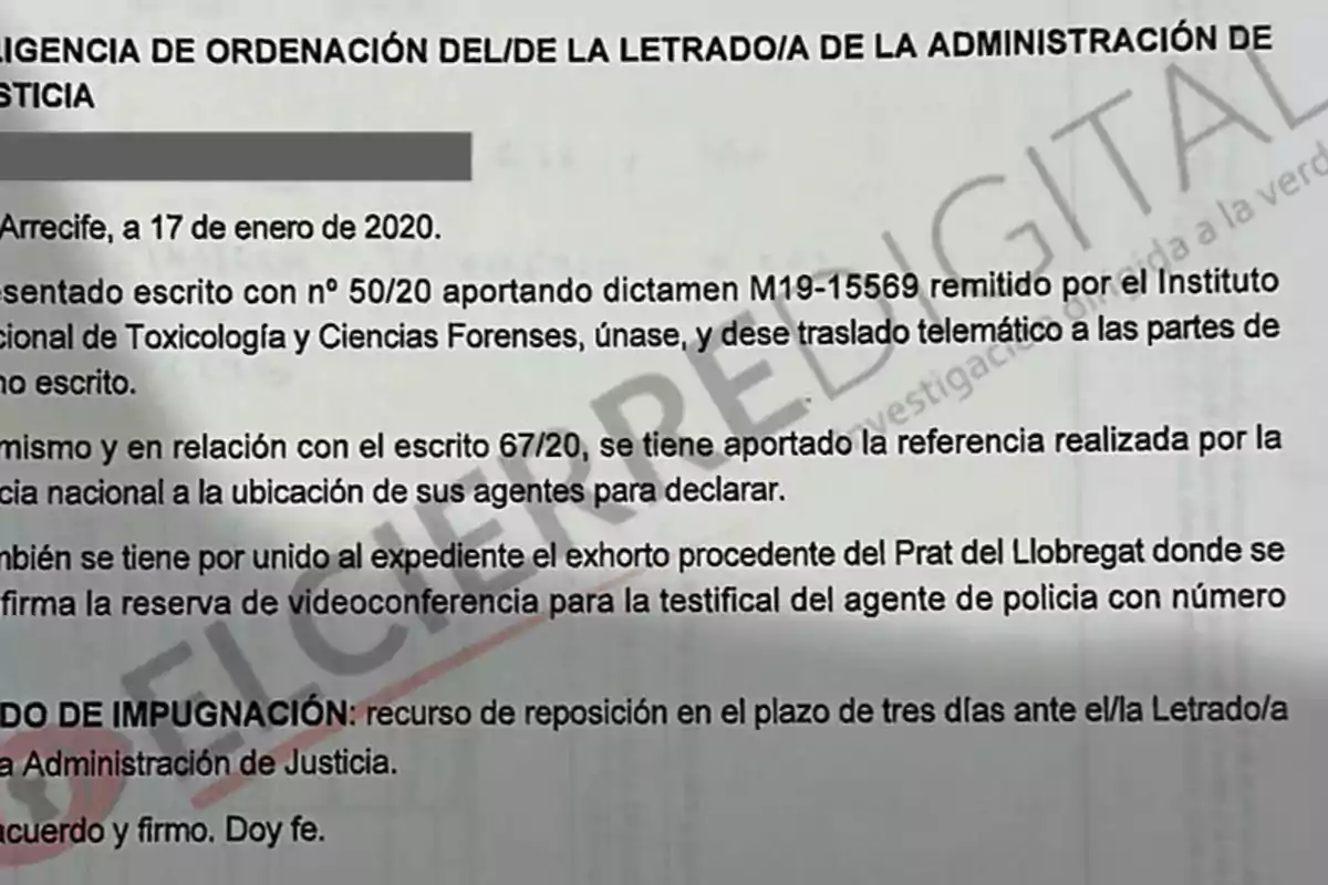 Documento oficial de la Administración de Justicia con fecha 17 de enero de 2020, en el que se presenta un escrito con número 50/20 y dictamen M19-15569 del Instituto Nacional de Toxicología y Ciencias Forenses, y se menciona la referencia de la policía nacional para la ubicación de sus agentes para declarar.