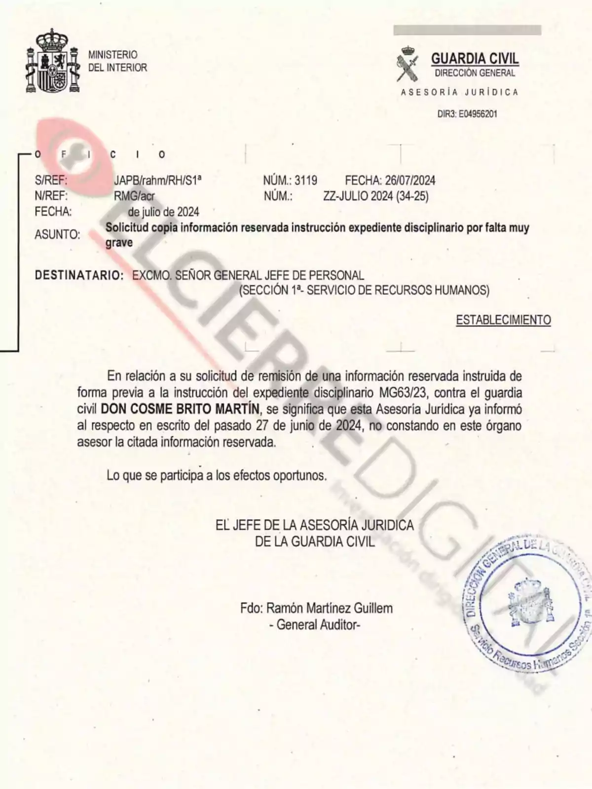 Documento oficial del Ministerio del Interior y la Guardia Civil, dirigido al Jefe de Personal, sobre la solicitud de información reservada relacionada con un expediente disciplinario, firmado por Ramón Martínez Guillem.