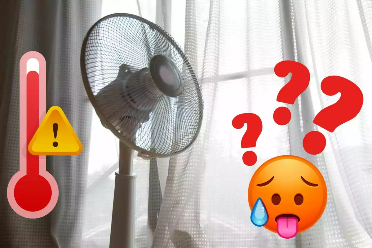 Ventilador encendido frente a una ventana con cortinas, acompañado de emojis que representan calor y confusión.