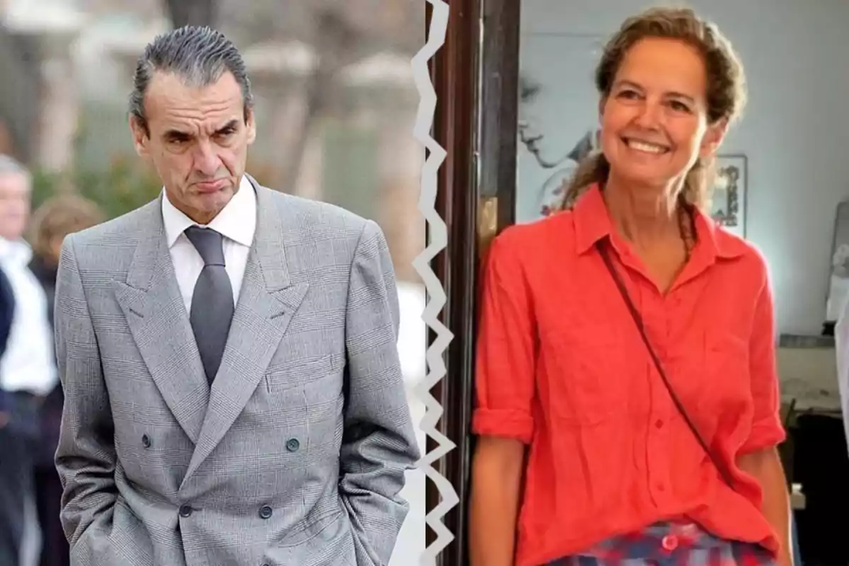 Dos personas en una imagen dividida por una línea zigzagueante, una vestida con traje gris y la otra con camisa roja, ambas con expresiones diferentes.