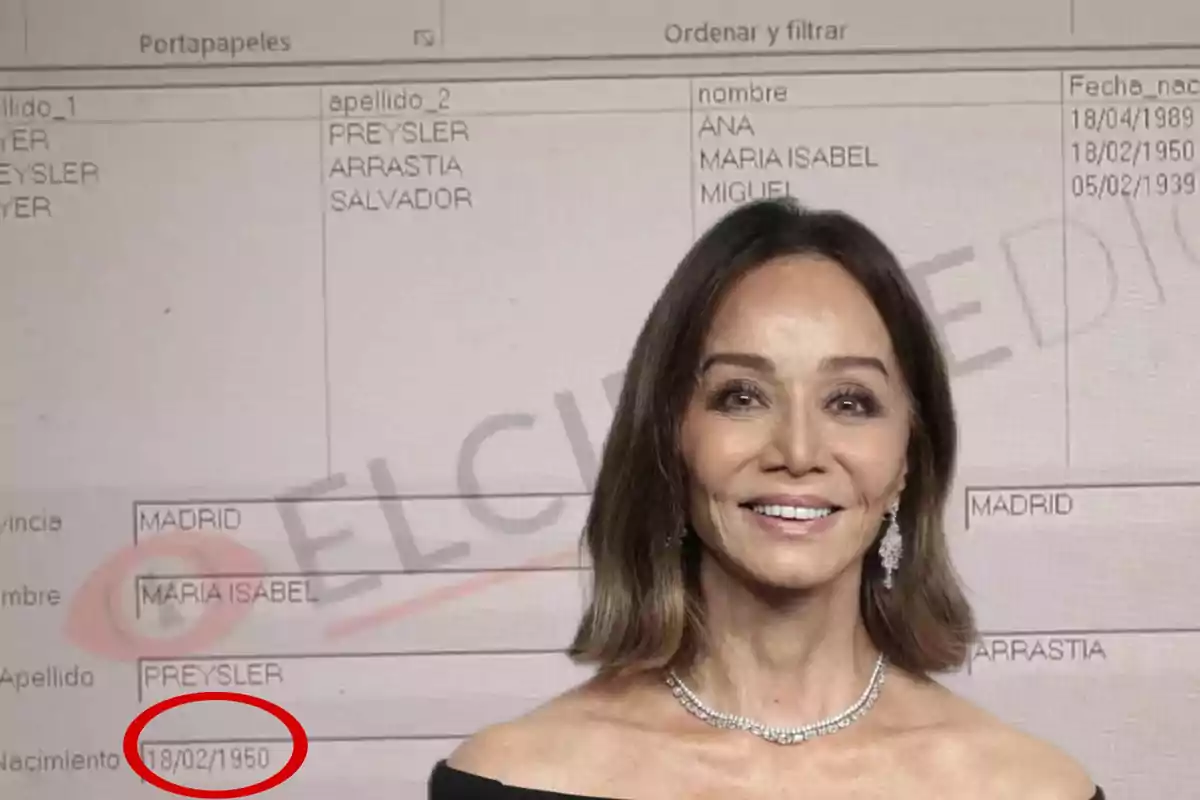 Una mujer sonriente con un fondo que muestra una lista de nombres y fechas de nacimiento.