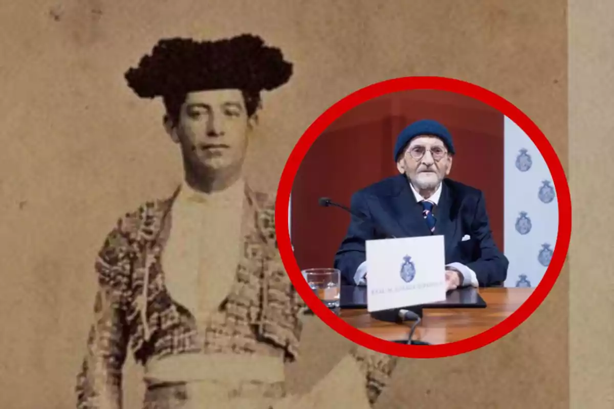 Un hombre vestido de torero en una fotografía antigua y un hombre mayor con gorro y traje en una conferencia, enmarcado en un círculo rojo.