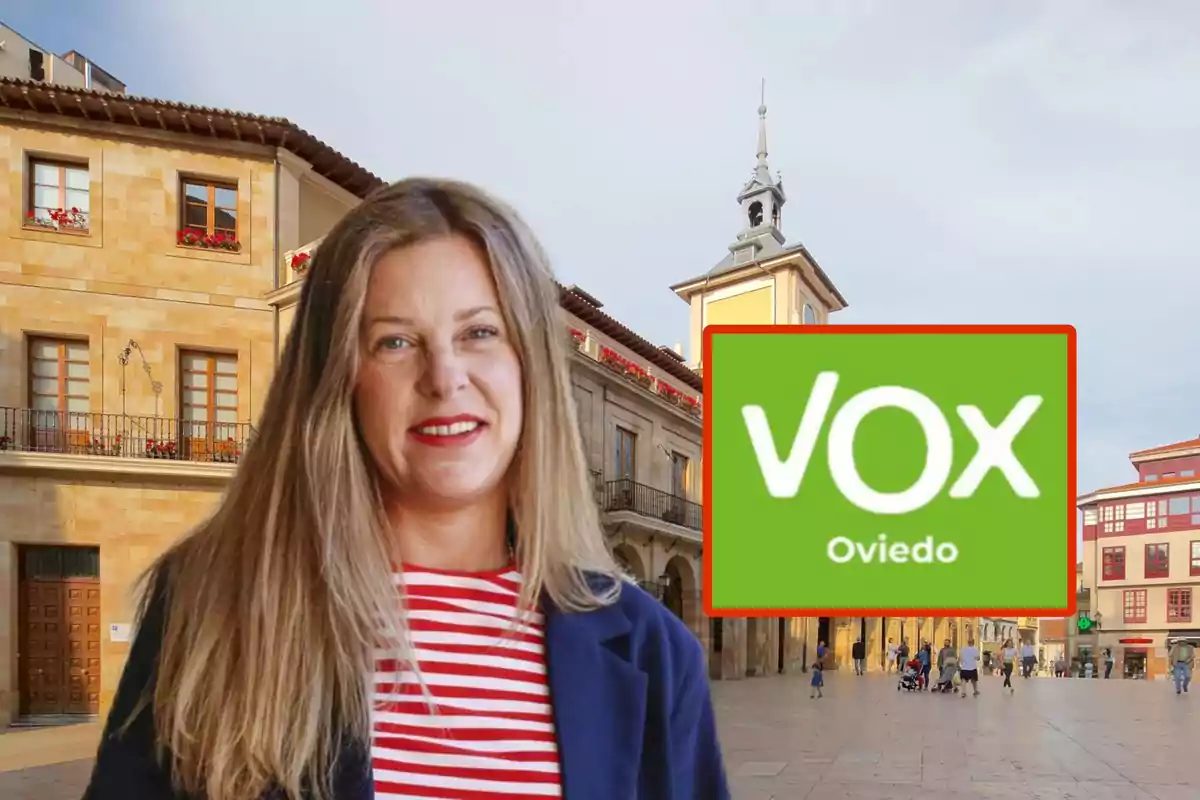 Una mujer sonriente con cabello largo y rubio está frente a un edificio en una plaza, junto a un logotipo verde de Vox Oviedo.