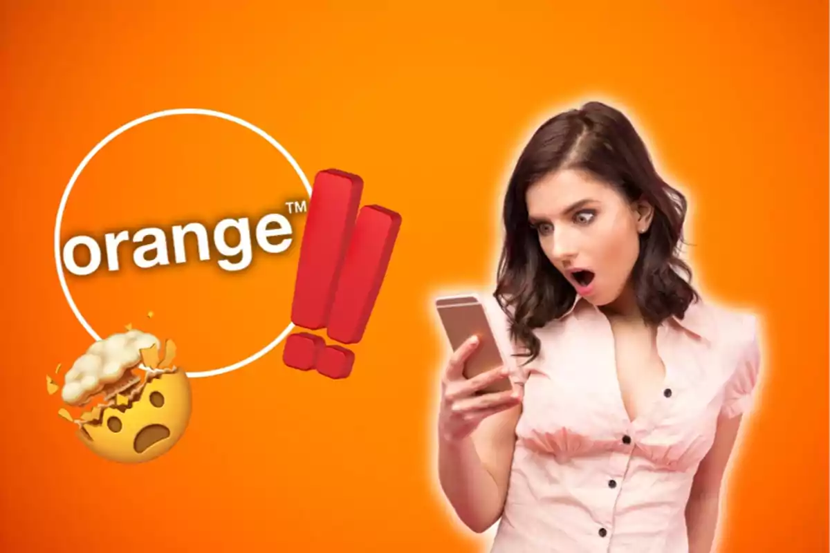 Mujer sorprendida mirando su teléfono móvil con un fondo naranja, el logo de "orange", un emoji de cabeza explotando y dos signos de exclamación rojos.