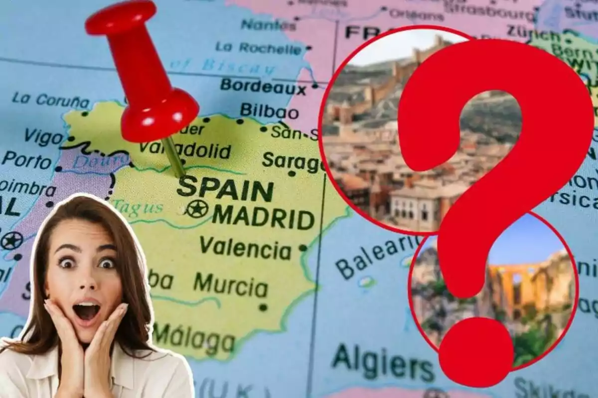 Mapa de España con un pin rojo en Madrid, una mujer sorprendida y dos imágenes borrosas con un signo de interrogación rojo.