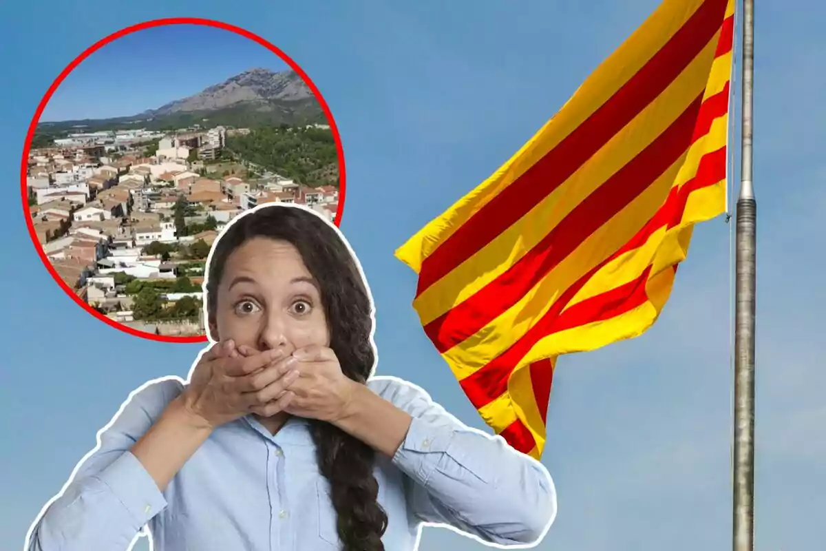 Una mujer con expresión sorprendida se cubre la boca frente a una bandera catalana ondeando y una imagen circular de un pueblo en el fondo.