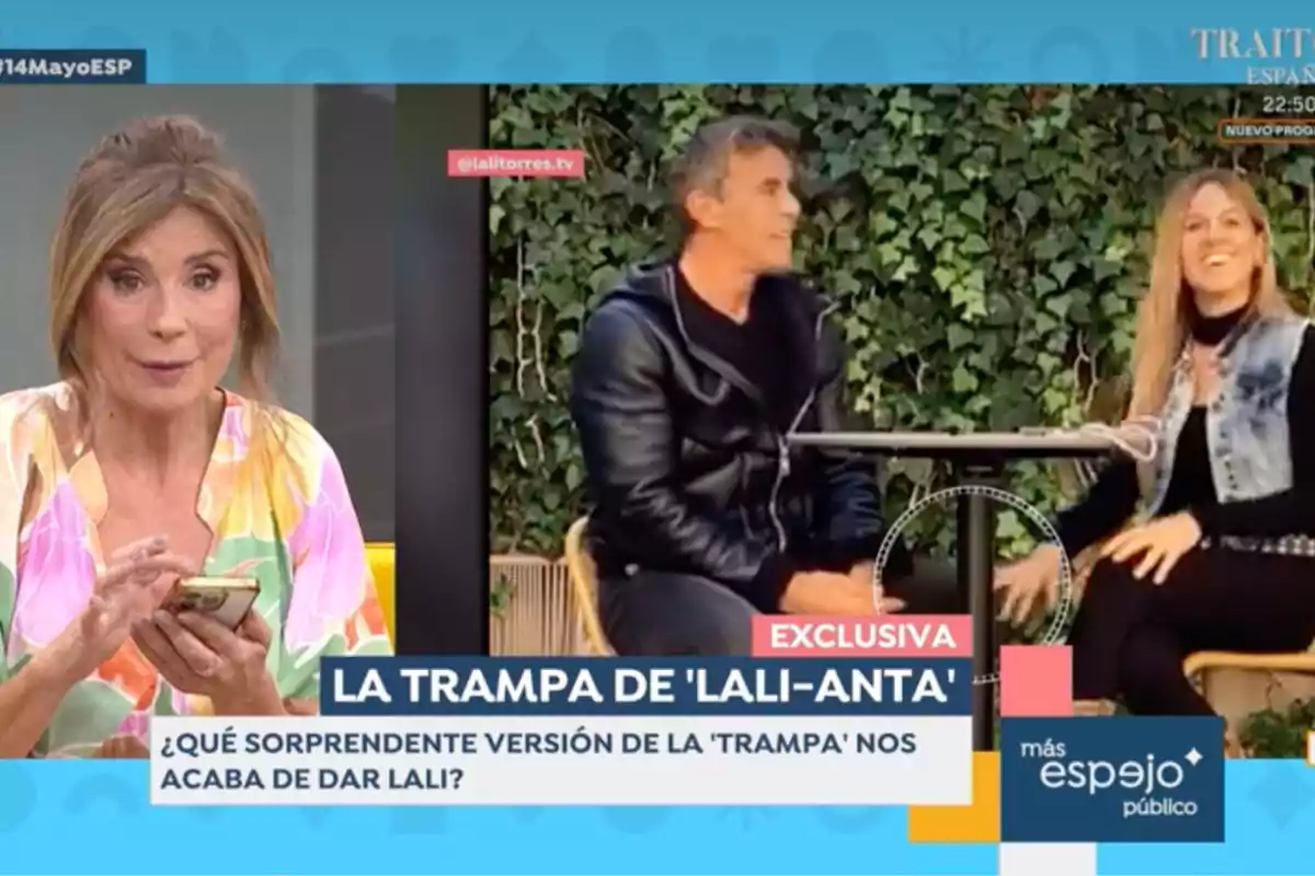Gema López está en un estudio mientras en una pantalla se muestra a Alonso Caparrós y Lali Torres sentadas al aire libre, con el texto Gema López está en un estudio mientras en una pantalla se muestra a Alonso Caparrós y Lali Torres sentadas al aire libre, con el texto