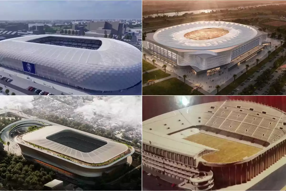 Cuatro diseños arquitectónicos de estadios de fútbol modernos y futuristas.