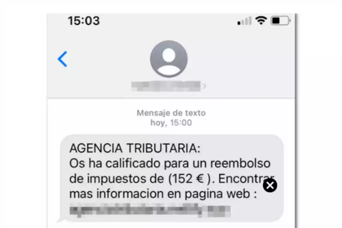 Captura de pantalla de un mensaje de texto en un teléfono móvil que dice: 