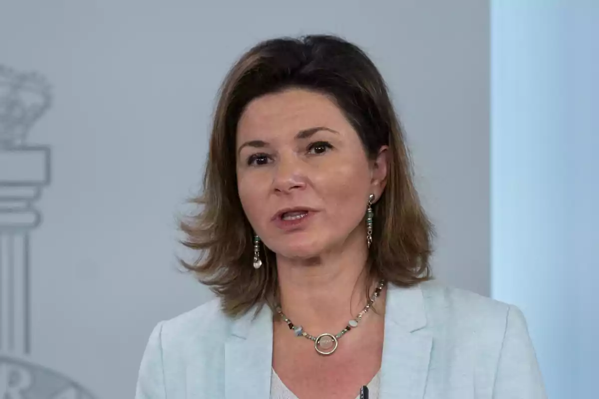 Una mujer con cabello castaño y un collar, vestida con un blazer claro, hablando frente a un fondo gris.