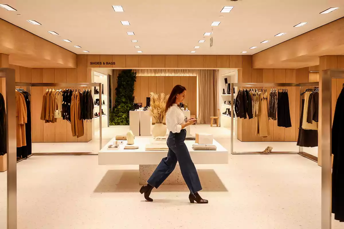 Mujer caminando dentro de una tienda de ropa elegante con estantes y percheros organizados y decoración moderna Mujer caminando dentro de una tienda de ropa elegante con estantes y percheros organizados y decoración moderna