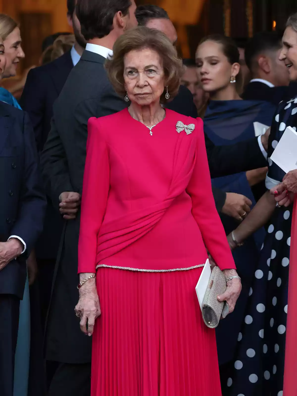 La Reina Doña Sofía y la Princesa Benedicta de Dinamarca salen de la Catedral de la Anunciación de Santa María donde han asistido al enlace matrimonial entre Teodora de Grecia y Matthew Kumar, a 28 de septiembre de 2024, en Atenas (Grecia)