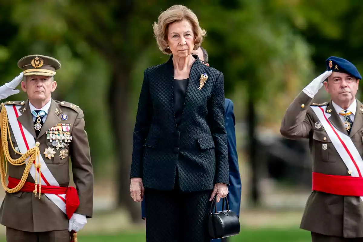 La Reina Sofía, durante el acto con motivo de la Patrona de la UME en la Base Aérea de Torrejón de Ardoz, a 7 de octubre de 2024, en Torrejón de Ardoz, Madrid (España).