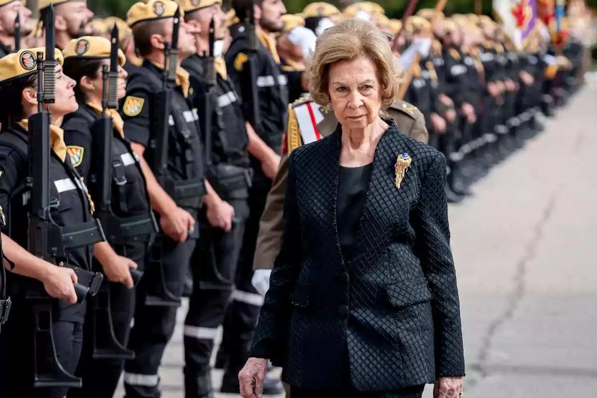 La Reina Sofía, durante el acto con motivo de la Patrona de la UME en la Base Aérea de Torrejón de Ardoz, a 7 de octubre de 2024, en Torrejón de Ardoz, Madrid (España).