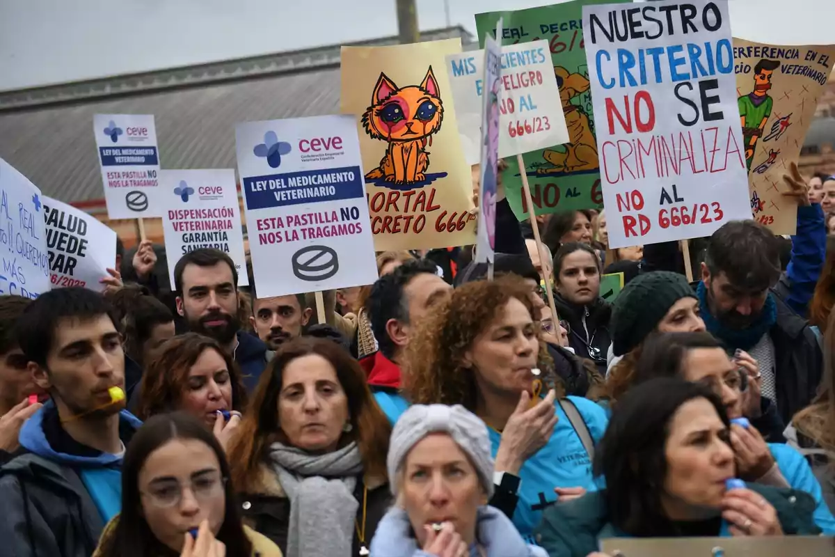 Un grupo de personas participa en una manifestación sosteniendo carteles con mensajes de protesta y soplando silbatos. Un grupo de personas participa en una manifestación sosteniendo carteles con mensajes de protesta y soplando silbatos.