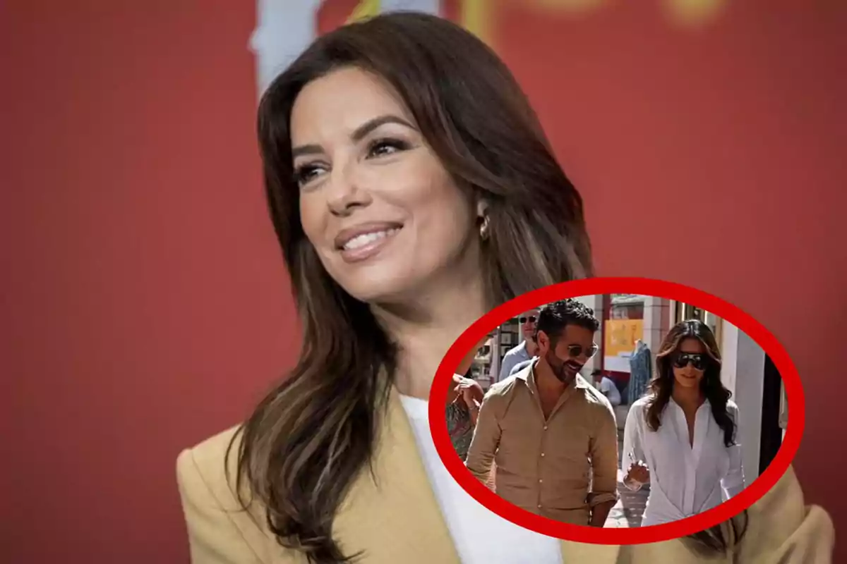 Mujer sonriente de cabello castaño con fondo rojo y un recuadro donde aparece caminando junto a un hombre con gafas de sol