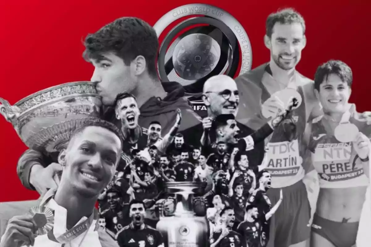 Un collage de deportistas celebrando con trofeos y medallas sobre un fondo rojo.