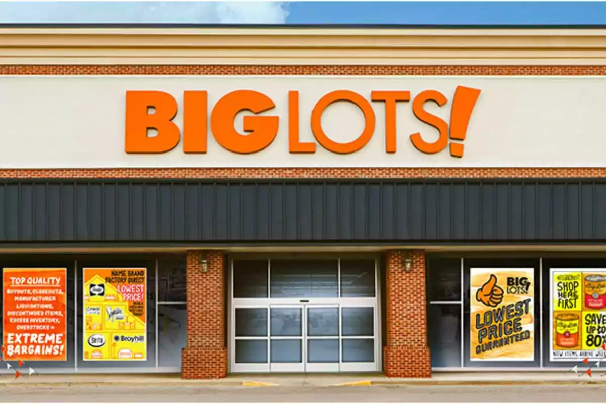 Fachada de una tienda Big Lots con carteles promocionales en las ventanas. Fachada de una tienda Big Lots con carteles promocionales en las ventanas.