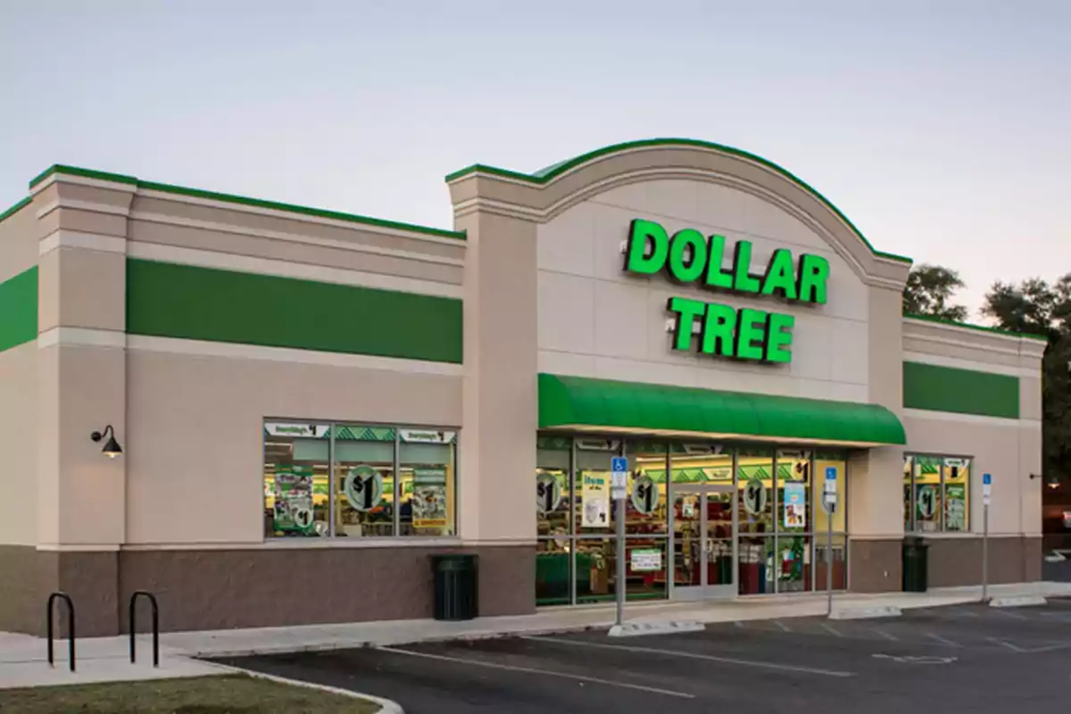 Facade of a Dollar Tree store with a green sign and parking in front. Facade of a Dollar Tree store with a green sign and parking in front.