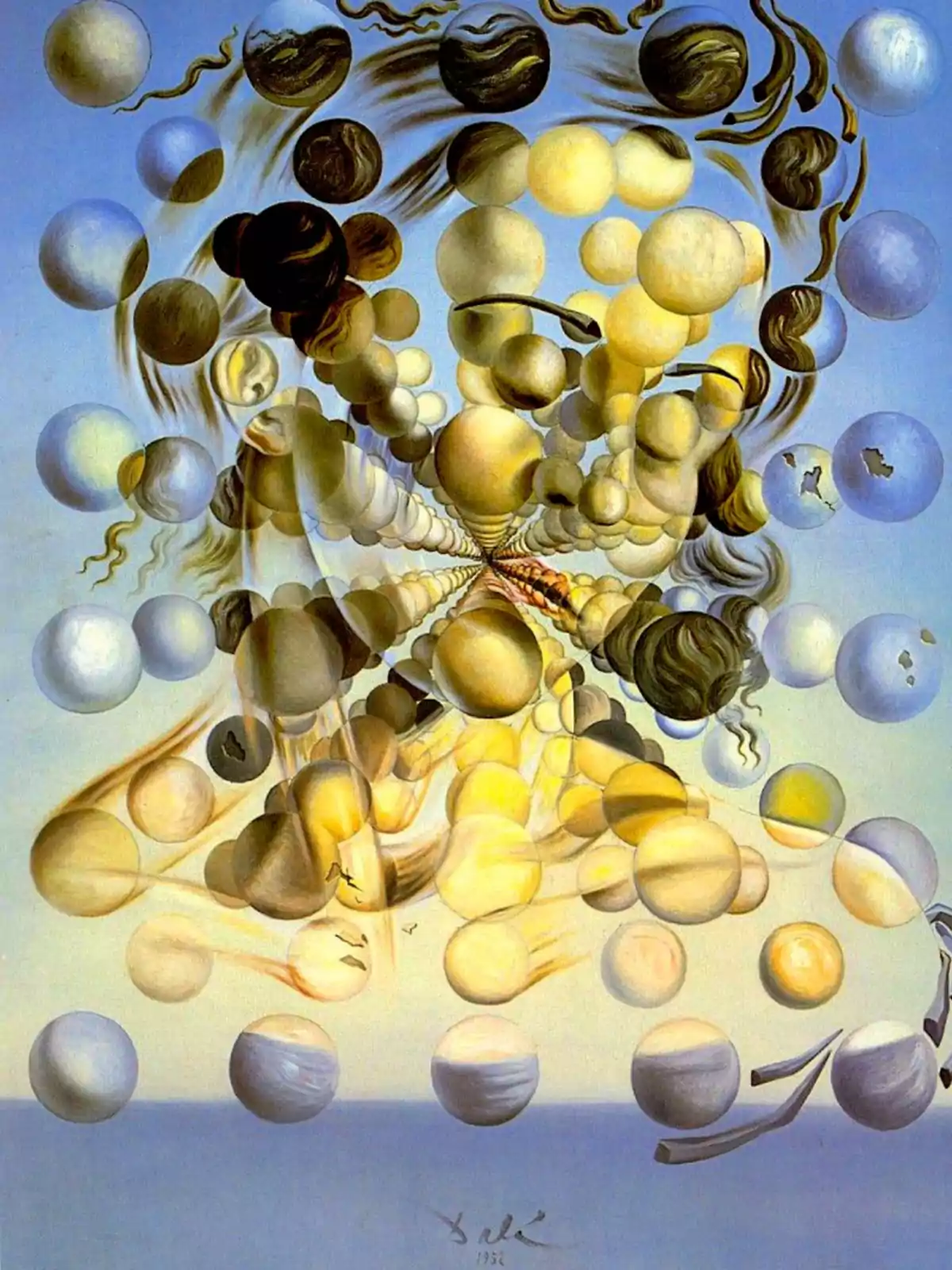 Una pintura surrealista que muestra una figura compuesta por esferas flotantes en un fondo azul. Una pintura surrealista que muestra una figura compuesta por esferas flotantes en un fondo azul.
