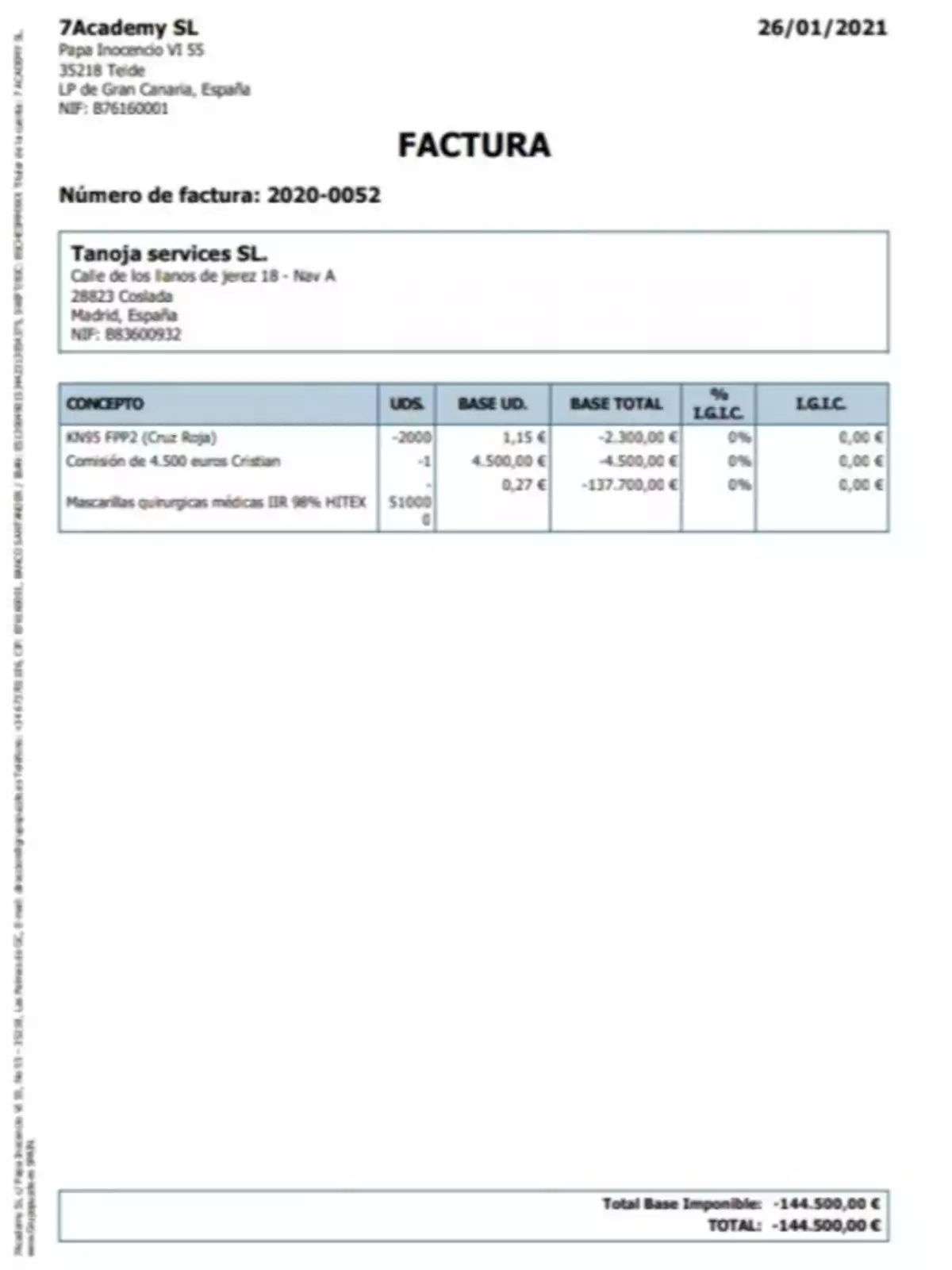 Factura de 7Academy SL a Tanoja services SL con número de factura 2020-0052, fecha 26/01/2021, por la compra de KN95 FFP2 (Cruz Roja), comisión de 4.500 euros Cristian y mascarillas quirúrgicas médicas IIR 98% HITEX, con un total base imponible de -144.500,00 € y un total de -144.500,00 €.