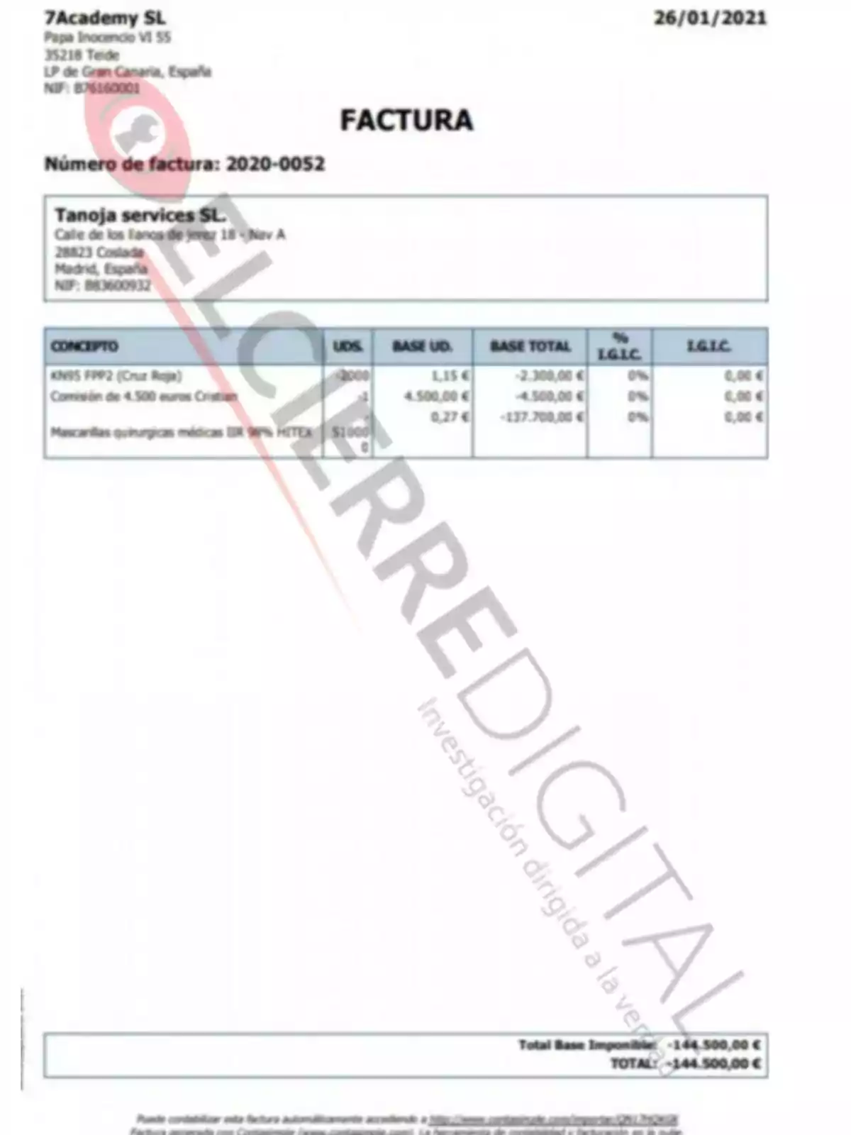 Factura de 7Academy SL a Tanoja services SL con número de factura 2020-0052, fecha 26/01/2021. Conceptos: KN95 FFP2 (Cruz Roja) 2000 unidades a 1,15 € cada una, total 2.300,00 €; Comisión de 4.500 euros Cruz Roja, total 4.500,00 €; Mascarillas quirúrgicas modelo IIR 99% HITEX 510000 unidades a 0,27 € cada una, total 137.700,00 €. Total base imponible 144.500,00 €, total 144.500,00 €.