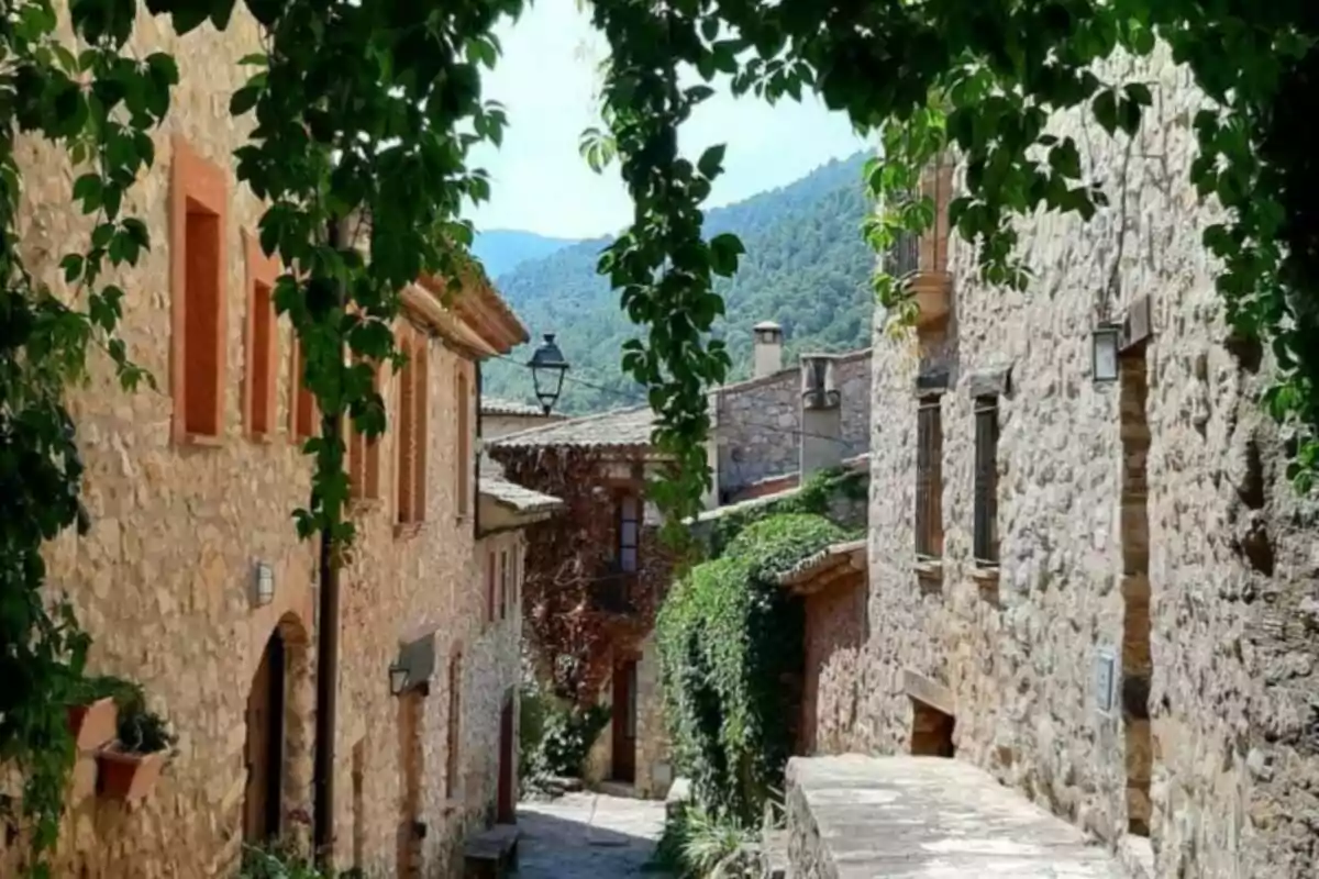 Una calle estrecha y pintoresca en un pueblo con casas de piedra y vegetación colgante bajo un cielo despejado.