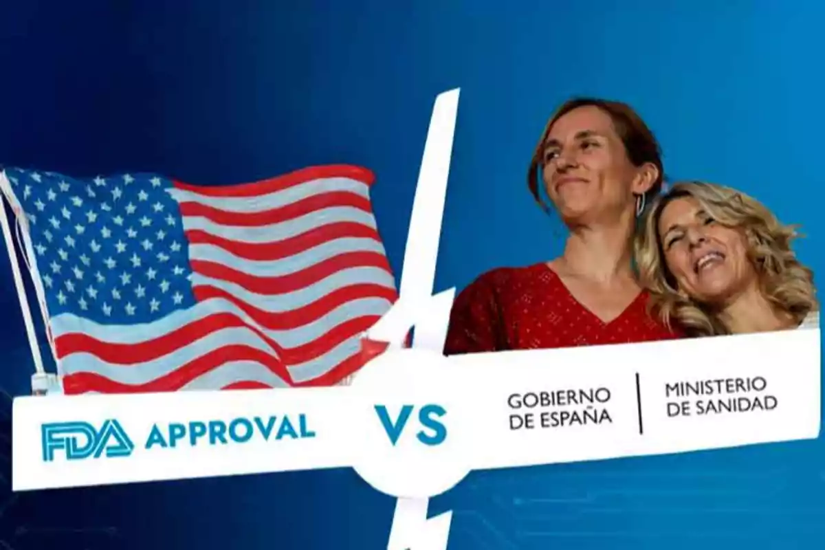 Una bandera de Estados Unidos junto al texto "FDA Approval" a la izquierda y dos personas sonrientes con el texto "Gobierno de España Ministerio de Sanidad" a la derecha, separados por un rayo y la palabra "VS".