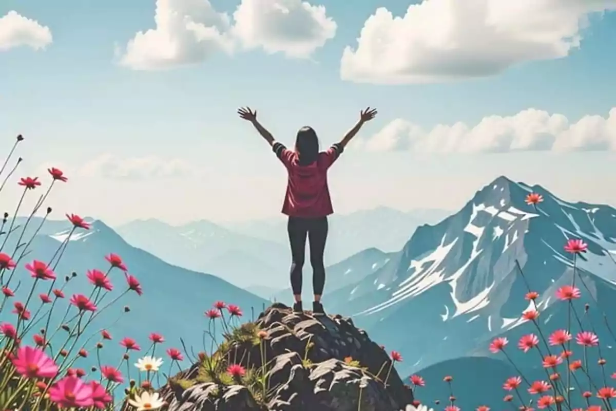 Persona de pie en la cima de una montaña con los brazos extendidos rodeada de flores y montañas nevadas bajo un cielo azul con nubes.