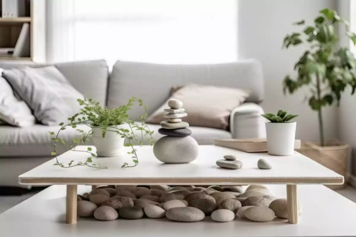 Mesa de centro decorada con piedras apiladas, plantas en macetas blancas y un sofá gris de fondo en una sala luminosa y moderna