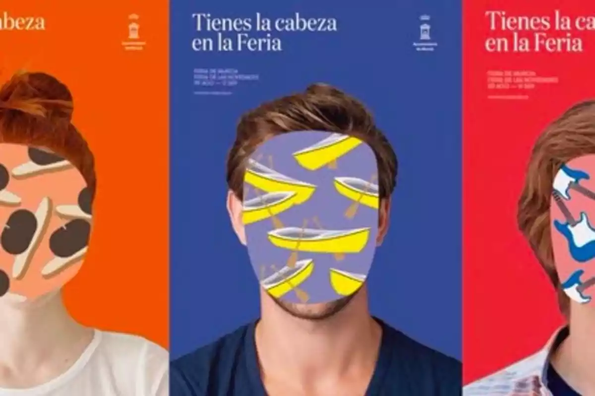 Tres carteles promocionales de la Feria de Málaga con el lema "Tienes la cabeza en la Feria", cada uno mostrando a una persona con un diseño gráfico diferente en lugar de su rostro.