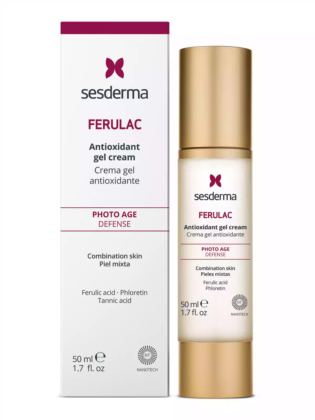 Envase y caja de crema gel antioxidante Ferulac de Sesderma para piel mixta, con 50 ml.