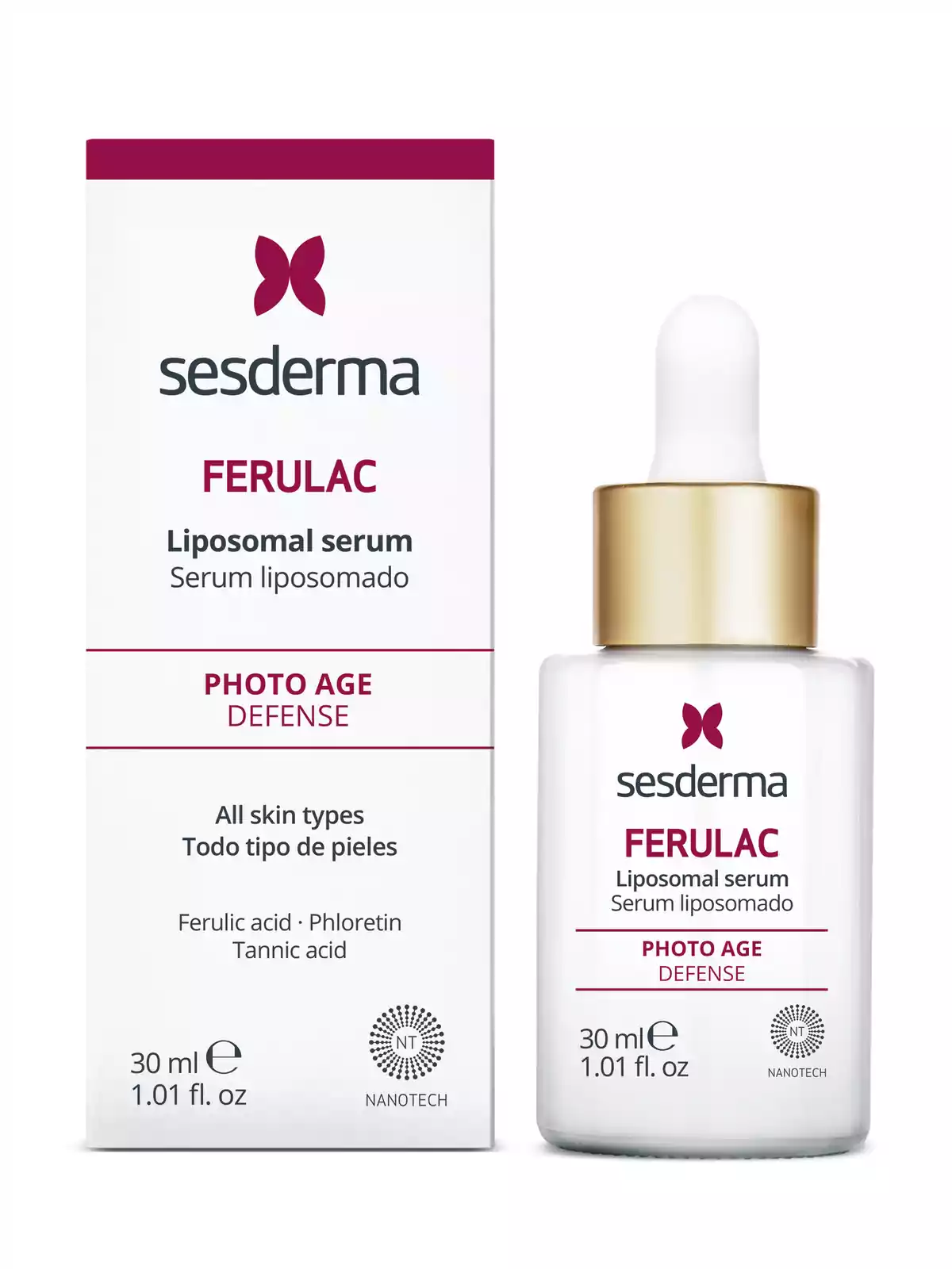 Imagen de un sérum liposomado Sesderma Ferulac Photo Age Defense para todo tipo de pieles, con ácido ferúlico, phloretina y ácido tánico, en un envase de 30 ml.