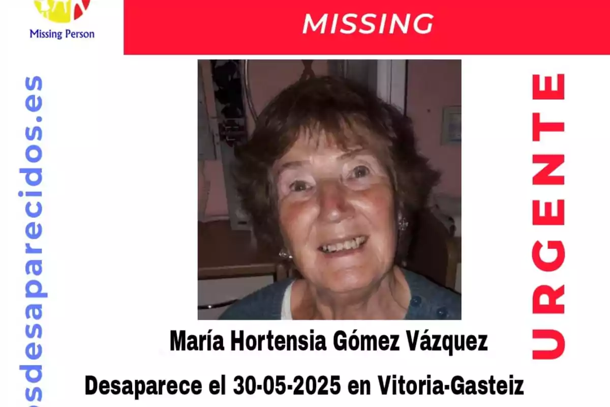 Cartel de persona desaparecida con la foto de una mujer mayor sonriente y el texto María Hortensia Gómez Vázquez desaparece el 30-05-2025 en Vitoria-Gasteiz junto a las palabras missing y urgente