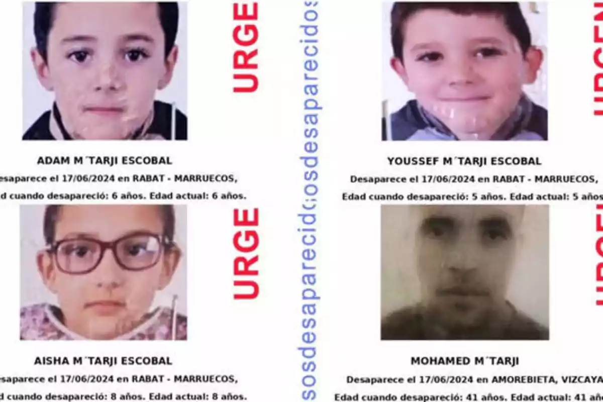 Ficha de un hombre y tres menores desaparecidos.